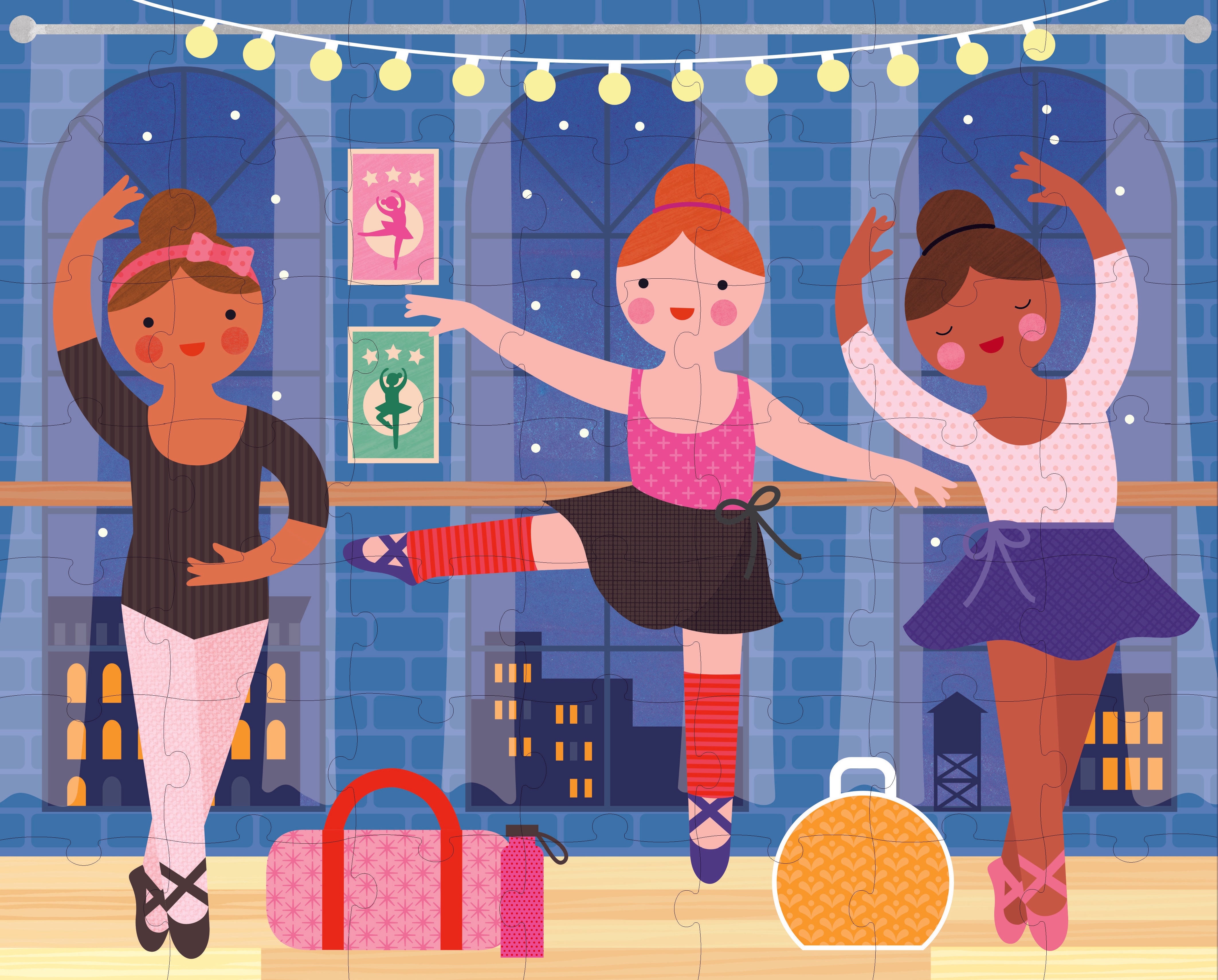 Three girls in ballet attire pose at a studio with a barre, posters, bags, and city lights outside—just like the scene on the Petit Collage Two Sided Ballerina On-The-Go Puzzle.