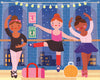 Three girls in ballet attire pose at a studio with a barre, posters, bags, and city lights outside—just like the scene on the Petit Collage Two Sided Ballerina On-The-Go Puzzle.