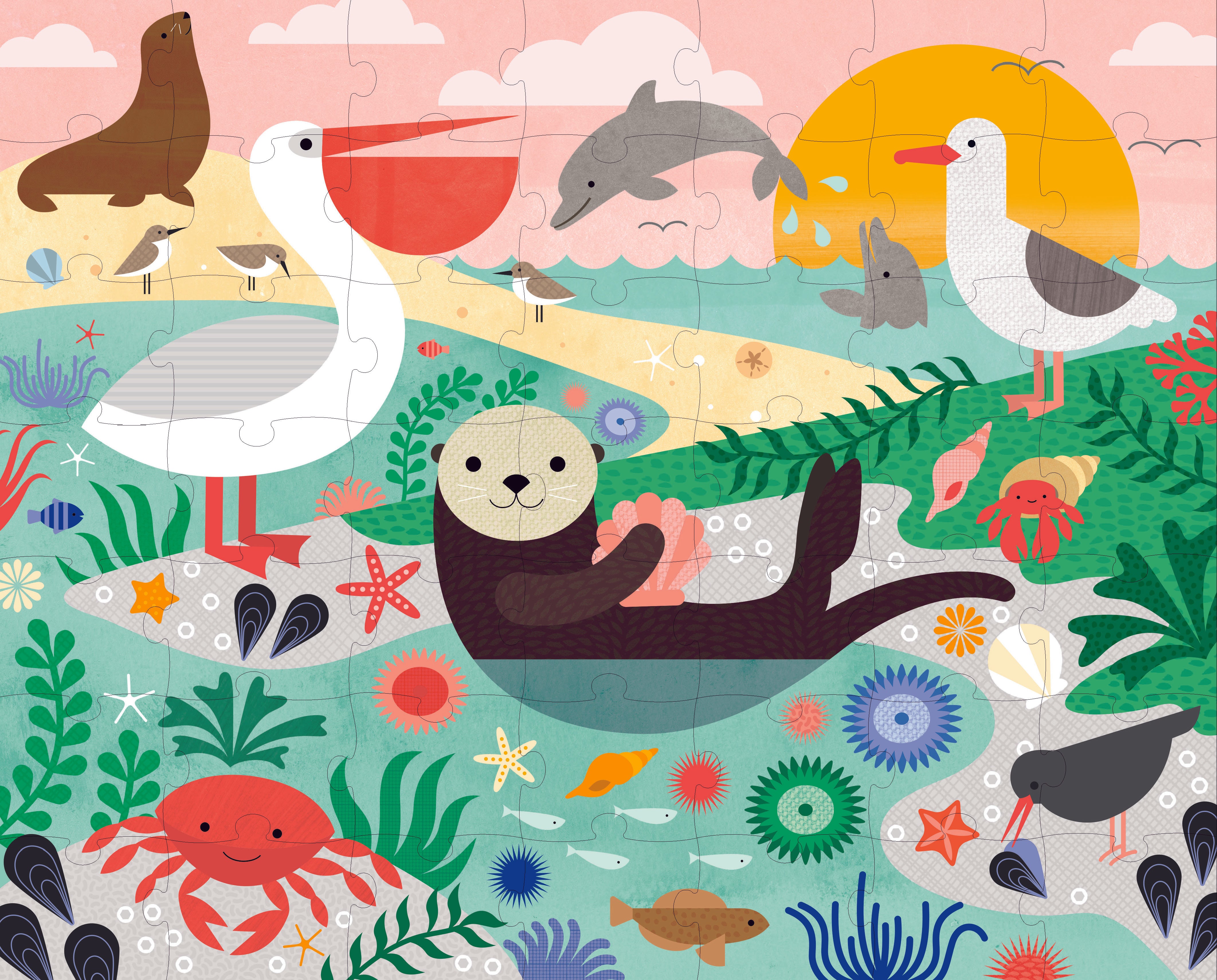 The Petit Collage Two Sided Under The Sea On-The-Go Puzzle features a vibrant beach scene with animals like a sea otter, pelican, seal, dolphin, crabs, fish, and birds among plants and ocean waves under a colorful sky.