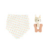 The Petit Collage Teether + Organic Cotton Bib Set features a patterned baby bib with colorful crosses and a plush bunny rattle teether with a wooden handle, shown on a white background.