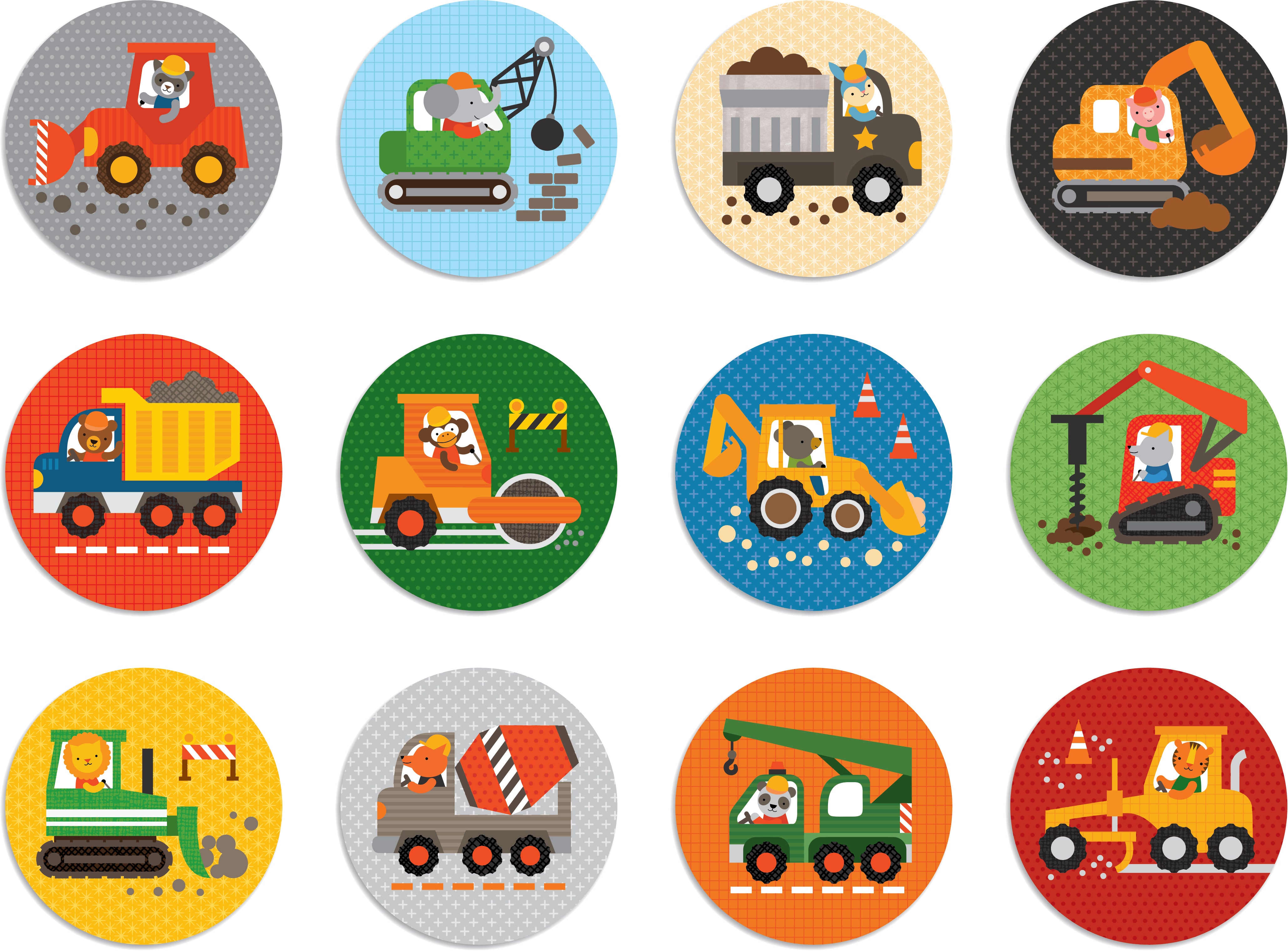 The Construction Matching Game by Petit Collage features twelve circular animal illustrations driving construction vehicles—bulldozers, dump trucks, cement mixers, and cranes—on colorful backgrounds.