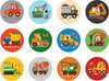 The Construction Matching Game by Petit Collage features twelve circular animal illustrations driving construction vehicles—bulldozers, dump trucks, cement mixers, and cranes—on colorful backgrounds.