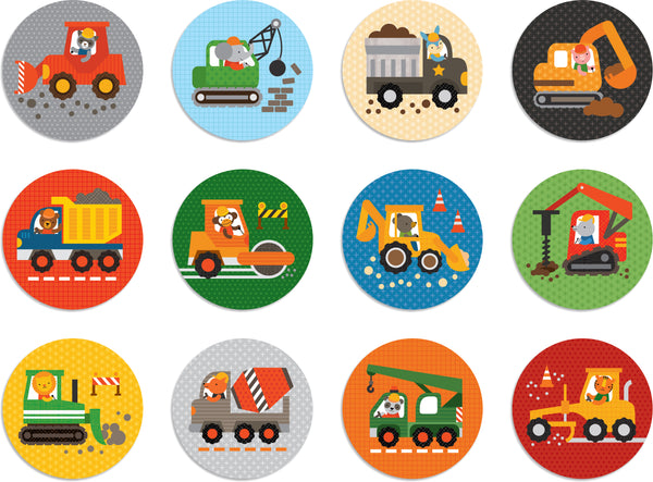 The Construction Matching Game by Petit Collage features twelve circular animal illustrations driving construction vehicles—bulldozers, dump trucks, cement mixers, and cranes—on colorful backgrounds.