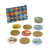 Petit Collage Construction Matching Game: round memory cards featuring construction vehicles, shown face up and down, alongside a blue zippered pouch decorated with matching vehicle designs.