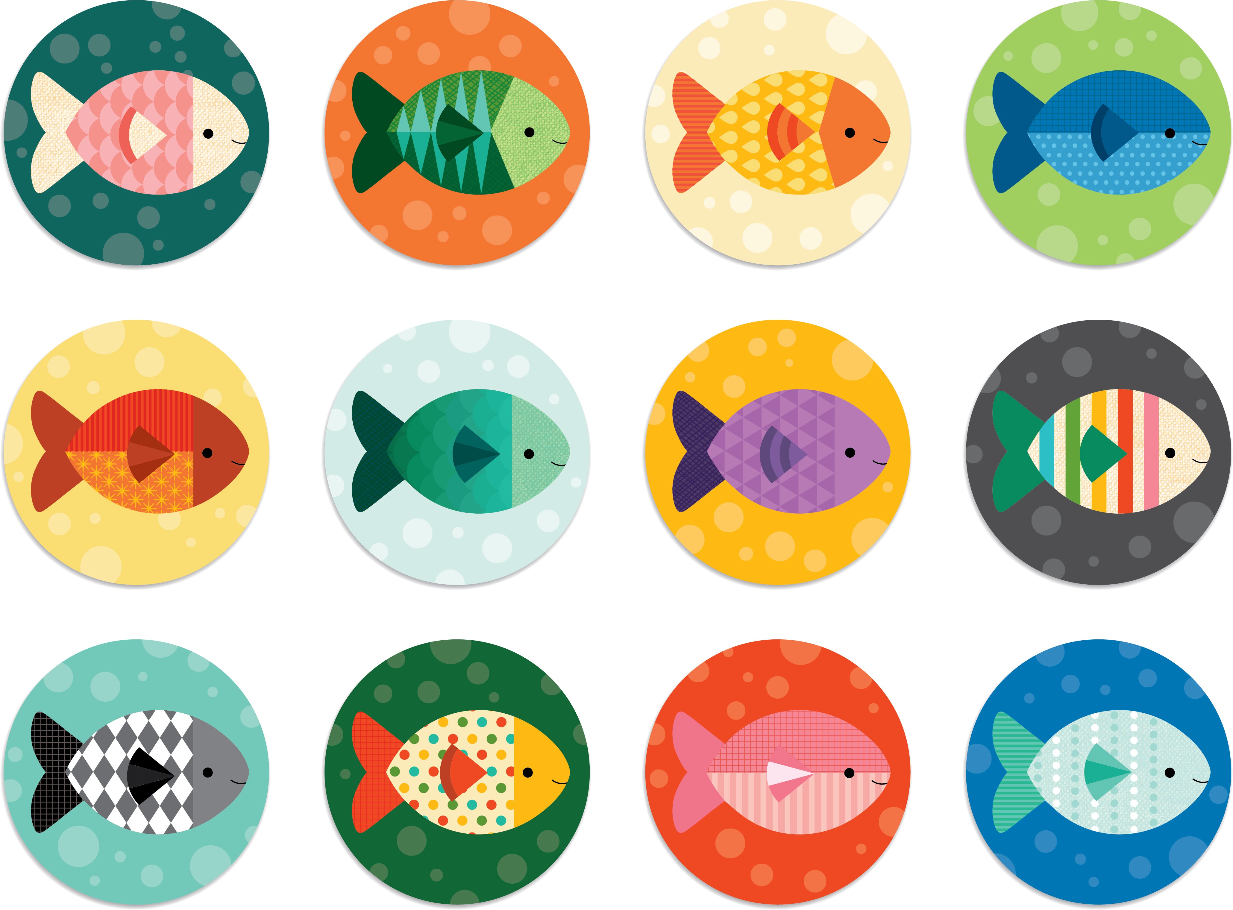 The Gone Fishing Matching Game by Petit Collage features twelve illustrated fish in assorted colors and patterns, each set within a circle of solid hues or dots, all arranged in a grid.