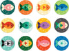The Gone Fishing Matching Game by Petit Collage features twelve illustrated fish in assorted colors and patterns, each set within a circle of solid hues or dots, all arranged in a grid.