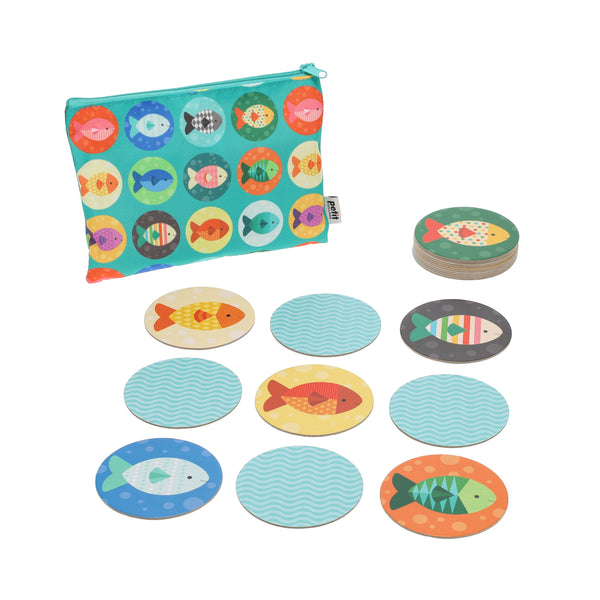 The Petit Collage Gone Fishing Matching Game features round fish-themed cards and a matching zippered pouch with fish designs, all displayed on a white background.