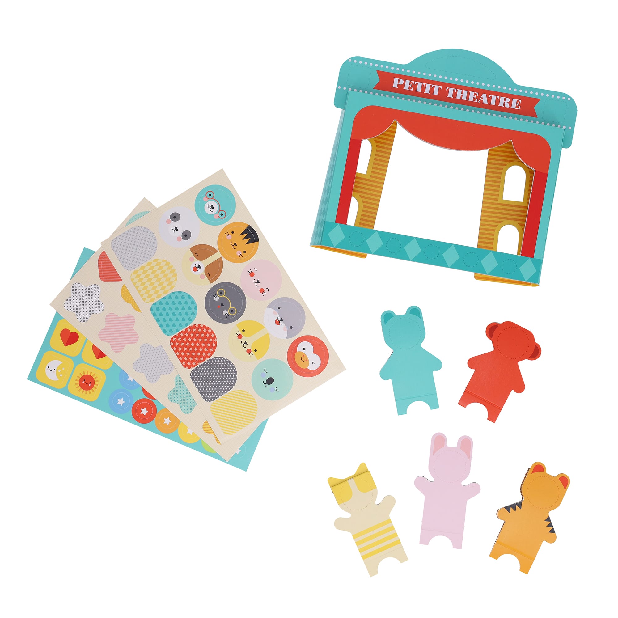 The Petit Collage Petit Friends Puppet Theatre Set includes a small toy theater, four colorful animal puppets, and two sheets of round animal face stickers, all arranged on a white background.