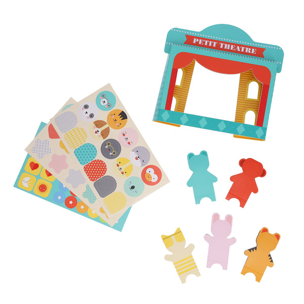 The Petit Collage Petit Friends Puppet Theatre Set includes a small toy theater, four colorful animal puppets, and two sheets of round animal face stickers, all arranged on a white background.