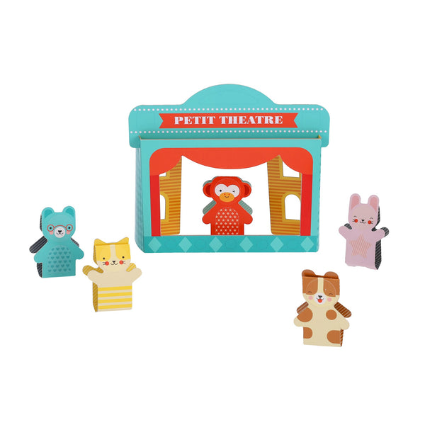 The Petit Collage Petit Friends Puppet Theatre Set includes a small puppet theater with a blue and red sign and four animal puppets: a blue owl, yellow cat, brown dog, and pink rabbit.