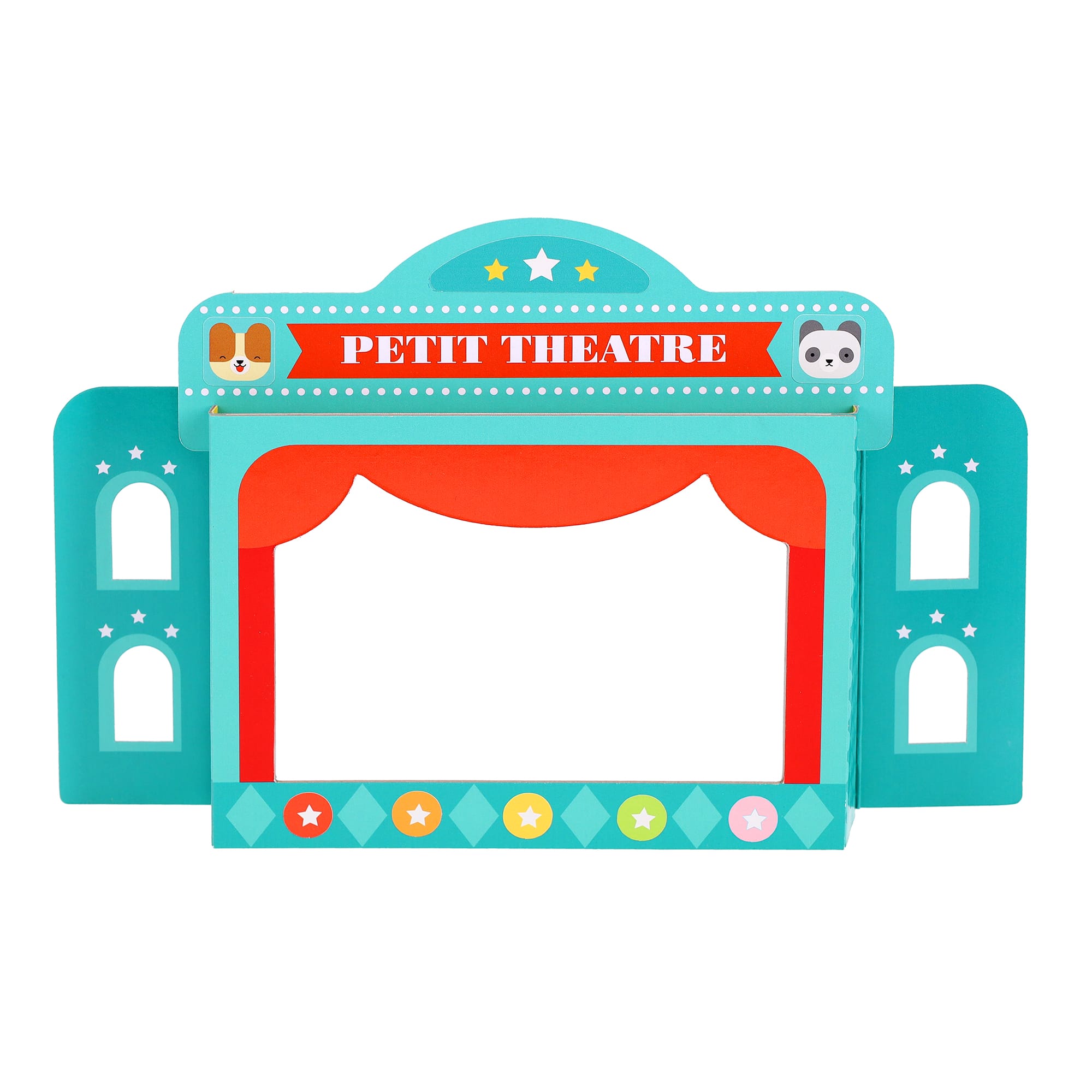 The Petit Collage Petit Friends Puppet Theatre Set features a colorful cardboard frame with animal faces on top, window cutouts on the sides, and a charming PETIT THEATRE sign.