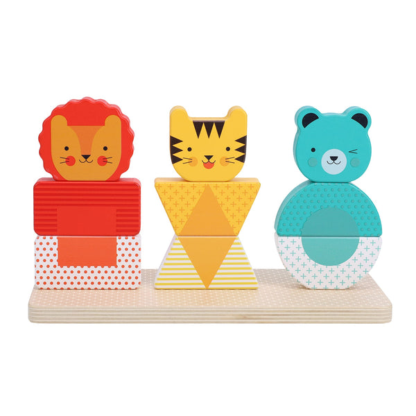 The Petit Collage Lion, Tiger, and Bear Wooden Stacking Puzzle features three colorful animal figures made from stackable geometric blocks on a rectangular wooden base.