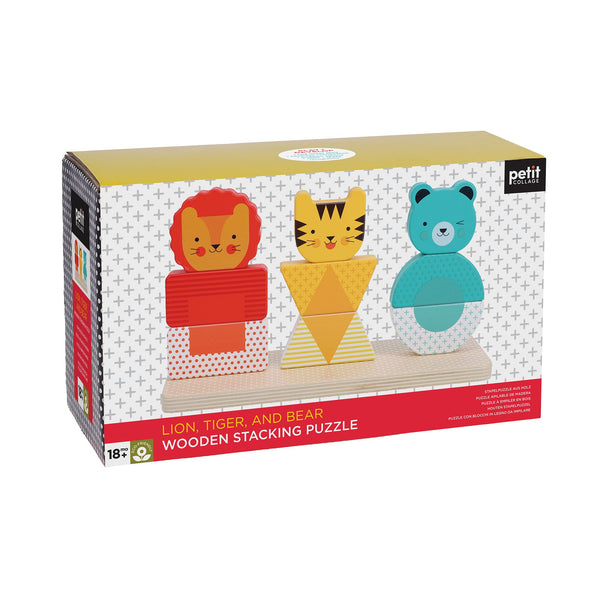 The Petit Collage Lion, Tiger, and Bear Wooden Stacking Puzzle features animal figures on a light background; suitable for ages 18 months and up.