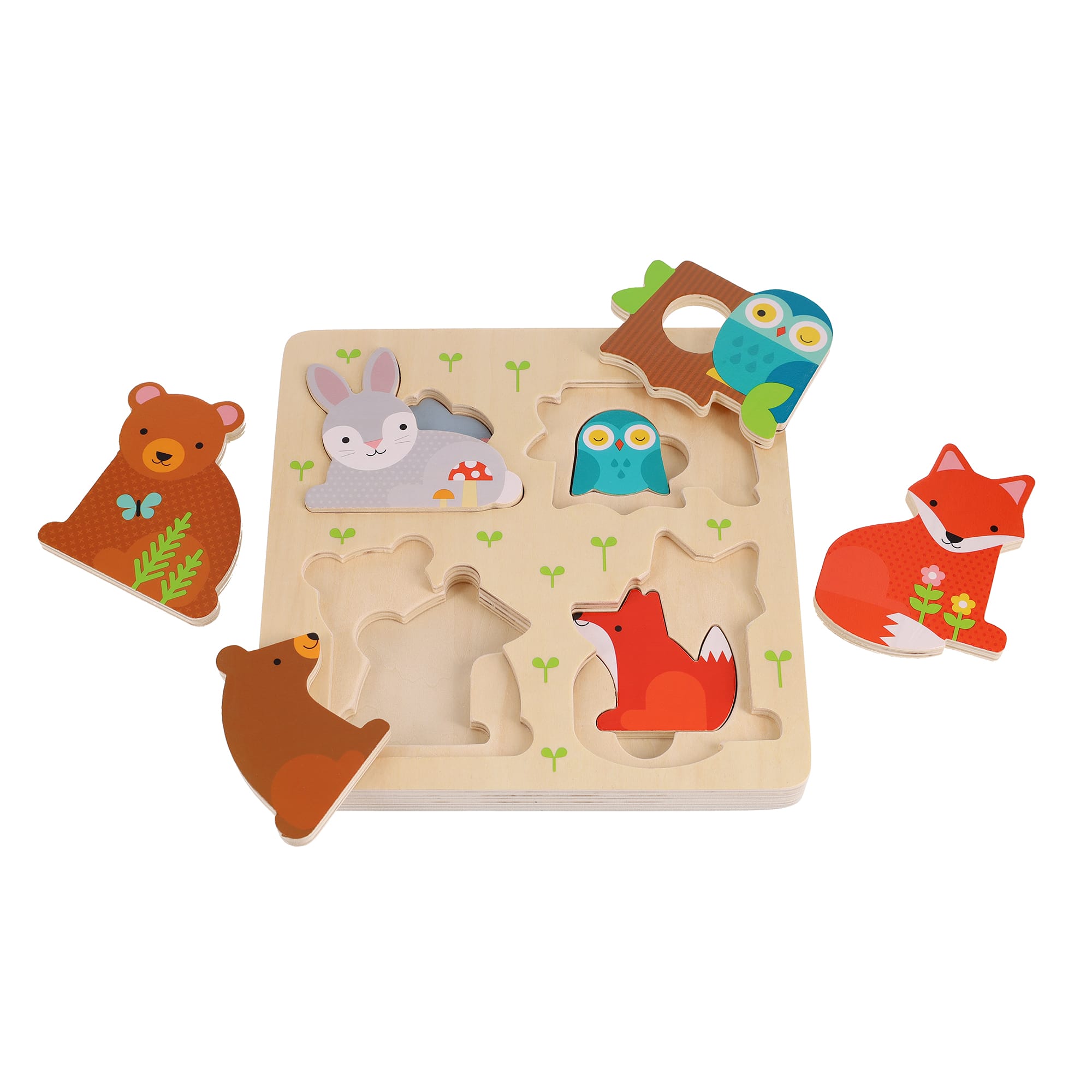 The Petit Collage Reveal Puzzle: You Are My Baby is a wooden animal puzzle with removable bear, rabbit, owl, and fox pieces that fit into matching slots on a square board.
