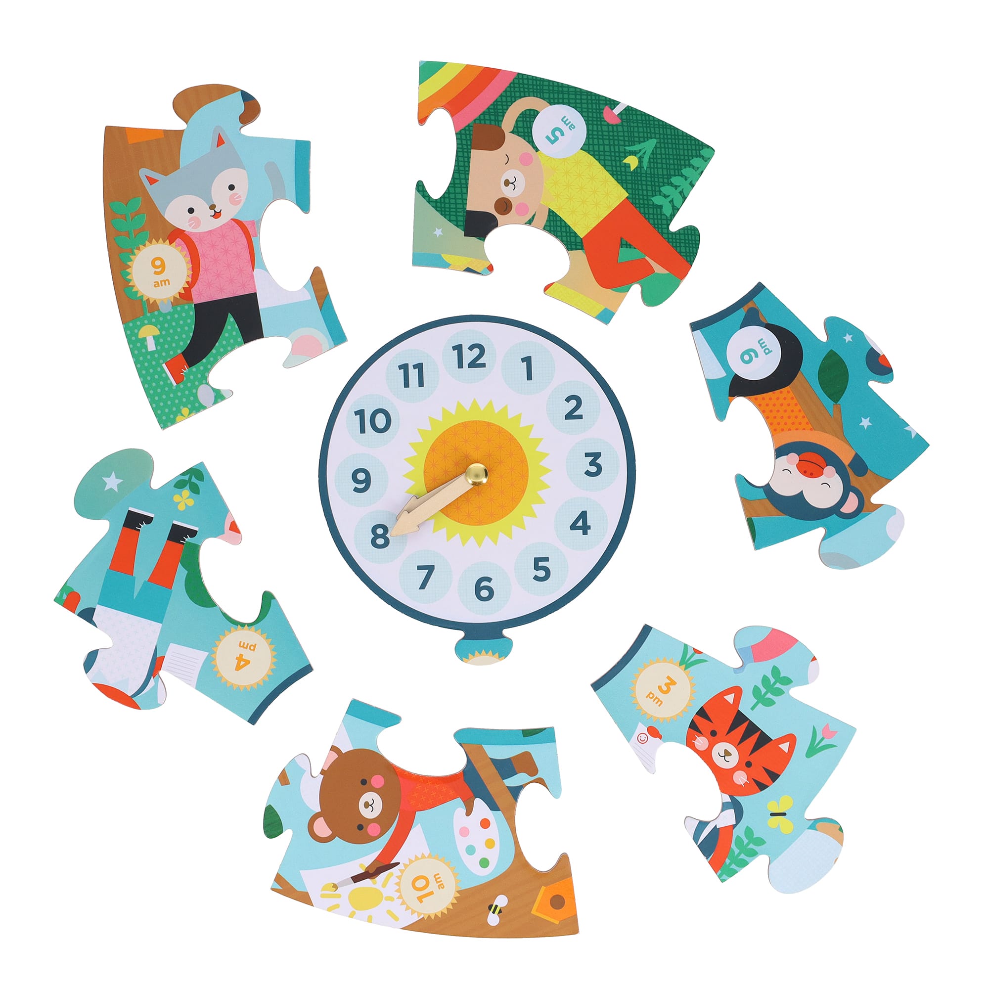 The Petit Collage Telling the Time 25-Piece Floor Puzzle features a round clock with a sun center, surrounded by six colorful puzzle pieces, each displaying illustrated animals and numbers.