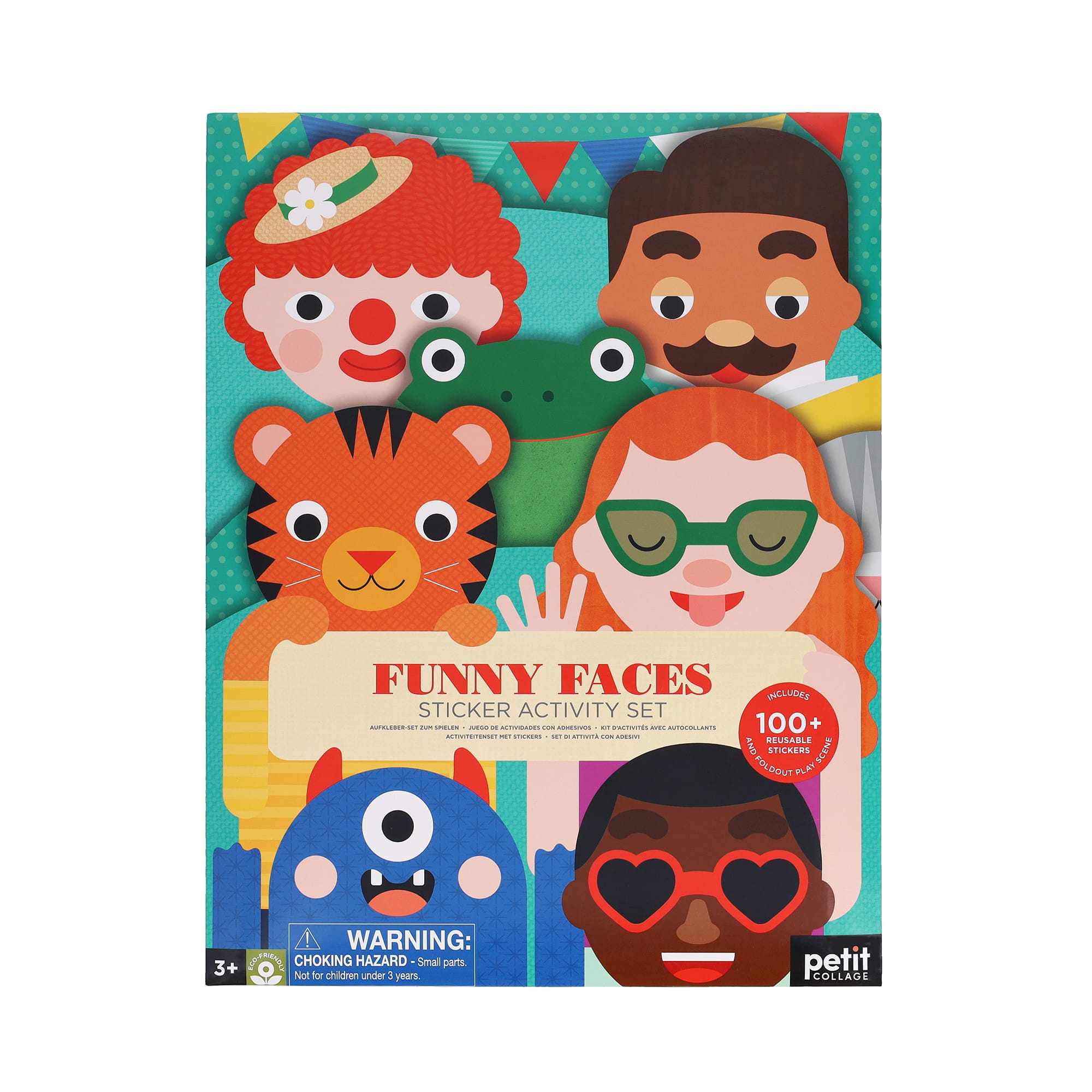 The Petit Collage Sticker Activity Set: Funny Faces features illustrated faces (clown, tiger, frog, man, woman, monster), includes 100+ stickers, and comes with a choking hazard warning.