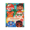 The Petit Collage Sticker Activity Set: Funny Faces features illustrated faces (clown, tiger, frog, man, woman, monster), includes 100+ stickers, and comes with a choking hazard warning.