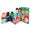 The Sticker Activity Set: Funny Faces by Petit Collage features a colorful accordion-style pop-up card with illustrated children and animals, simple round faces, and a green background with bunting.