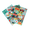 The Petit Collage Sticker Activity Set: Funny Faces includes three sheets of colorful stickers with cartoon eyes, mouths, hats, glasses, and accessories, all on a teal background.