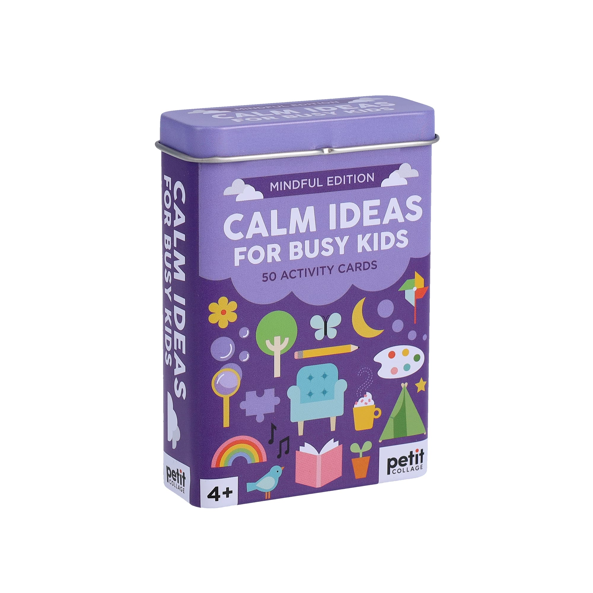 A purple tin labeled Calm Ideas for Busy Kids: Mindful Edition by Petit Collage with 50 activity cards and playful illustrations, recommended for ages 4 and up.