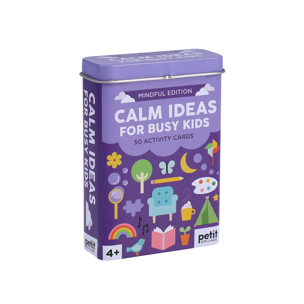 A purple tin labeled Calm Ideas for Busy Kids: Mindful Edition by Petit Collage with 50 activity cards and playful illustrations, recommended for ages 4 and up.