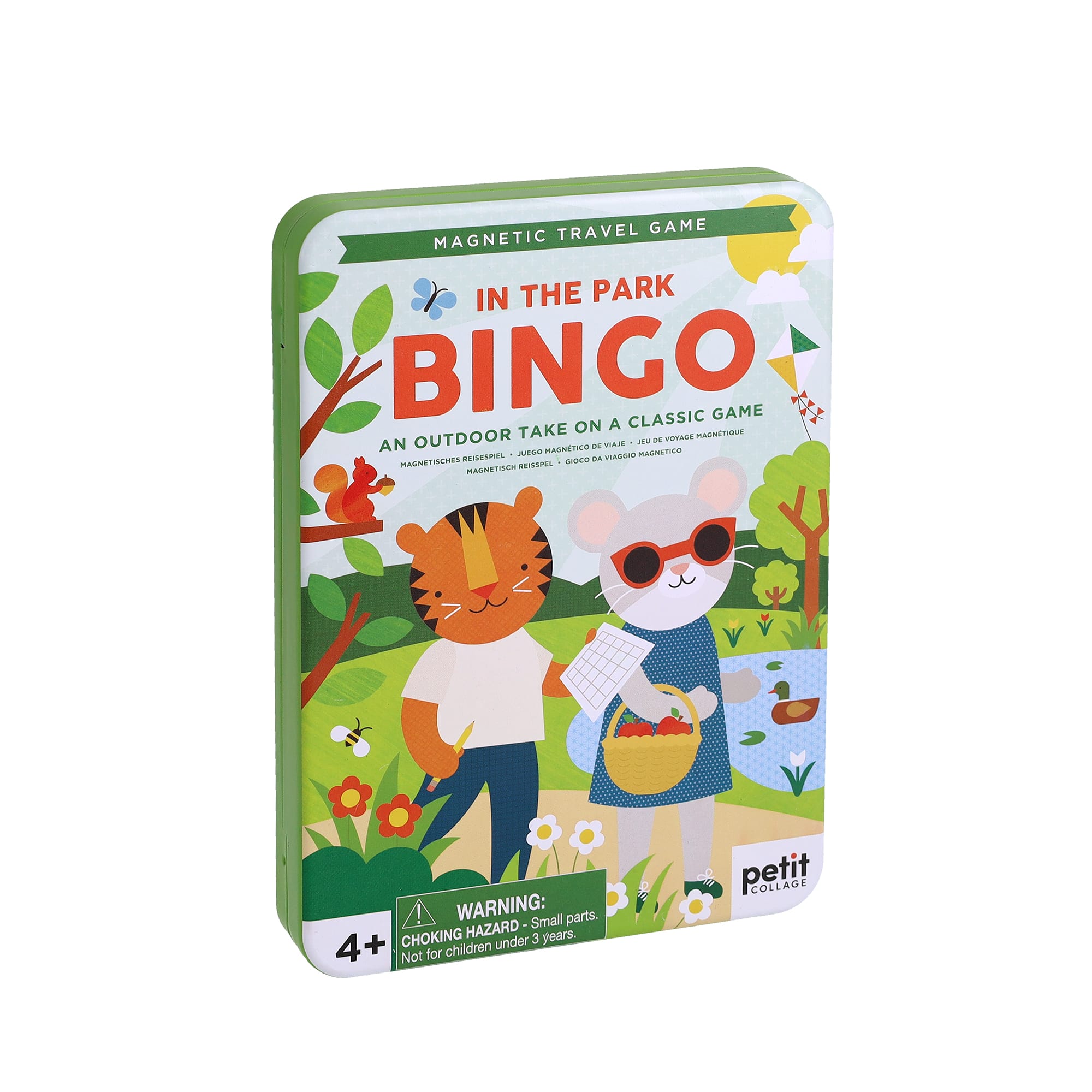 The Petit Collage In-the-Park Bingo Magnetic Travel Game is a rectangular tin box for ages 4+, featuring illustrated animal characters in a park setting.