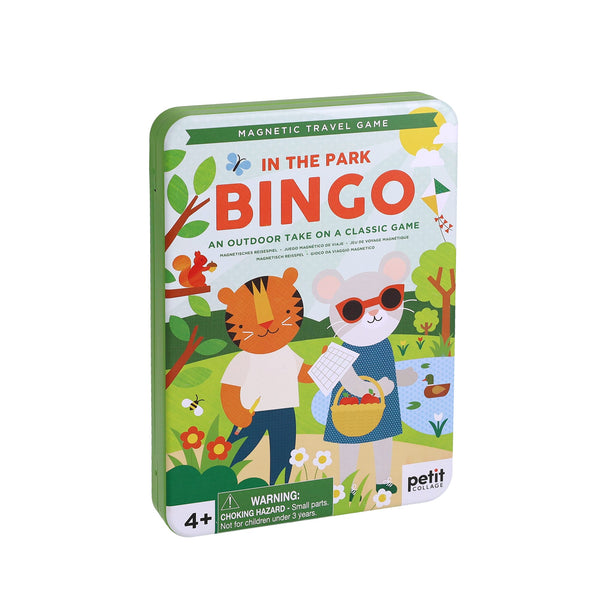 The Petit Collage In-the-Park Bingo Magnetic Travel Game is a rectangular tin box for ages 4+, featuring illustrated animal characters in a park setting.