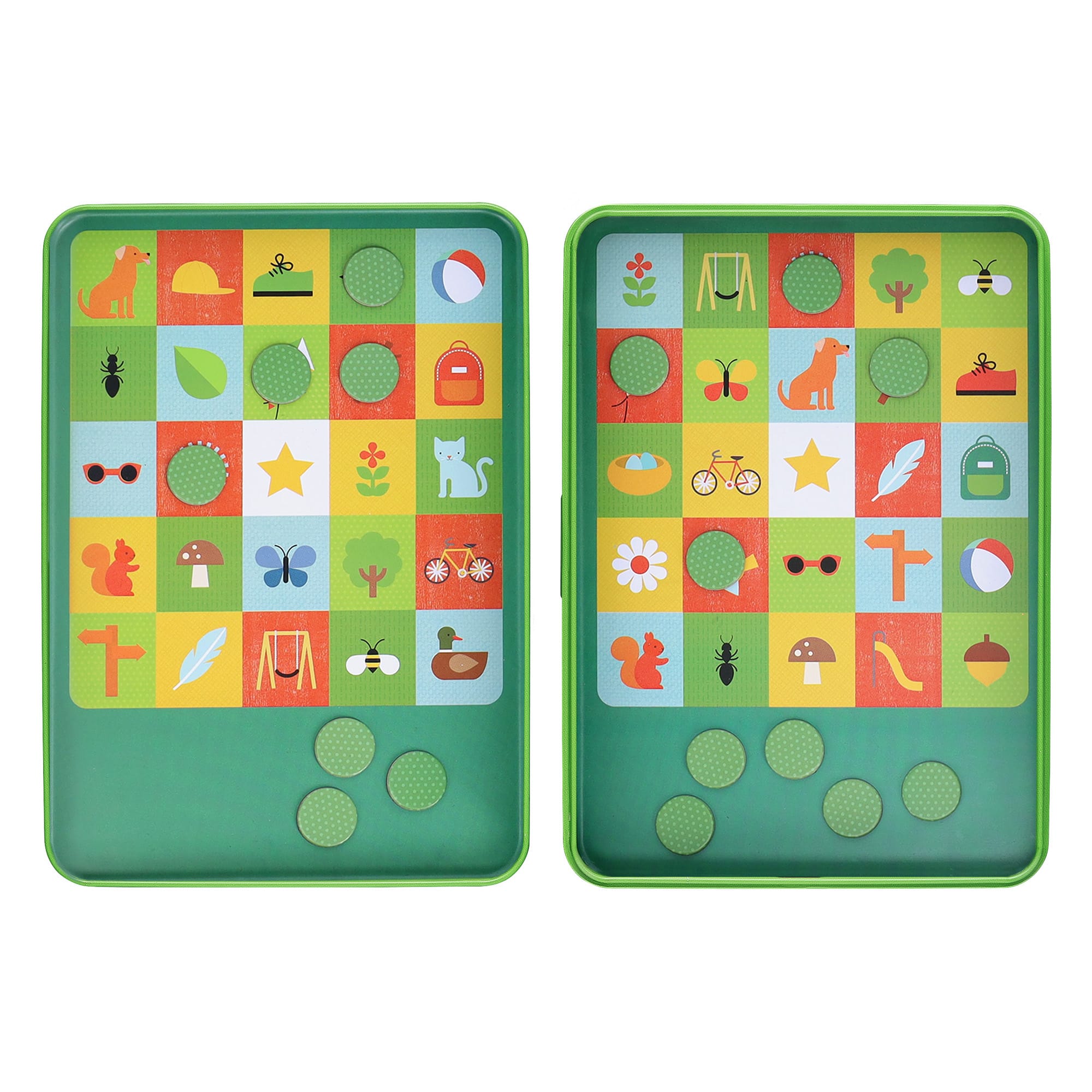 The Petit Collage In-the-Park Bingo Magnetic Travel Game includes two green rectangular trays with colorful square grids of icons and five green circular tokens beneath each grid.