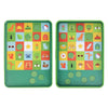 The Petit Collage In-the-Park Bingo Magnetic Travel Game includes two green rectangular trays with colorful square grids of icons and five green circular tokens beneath each grid.