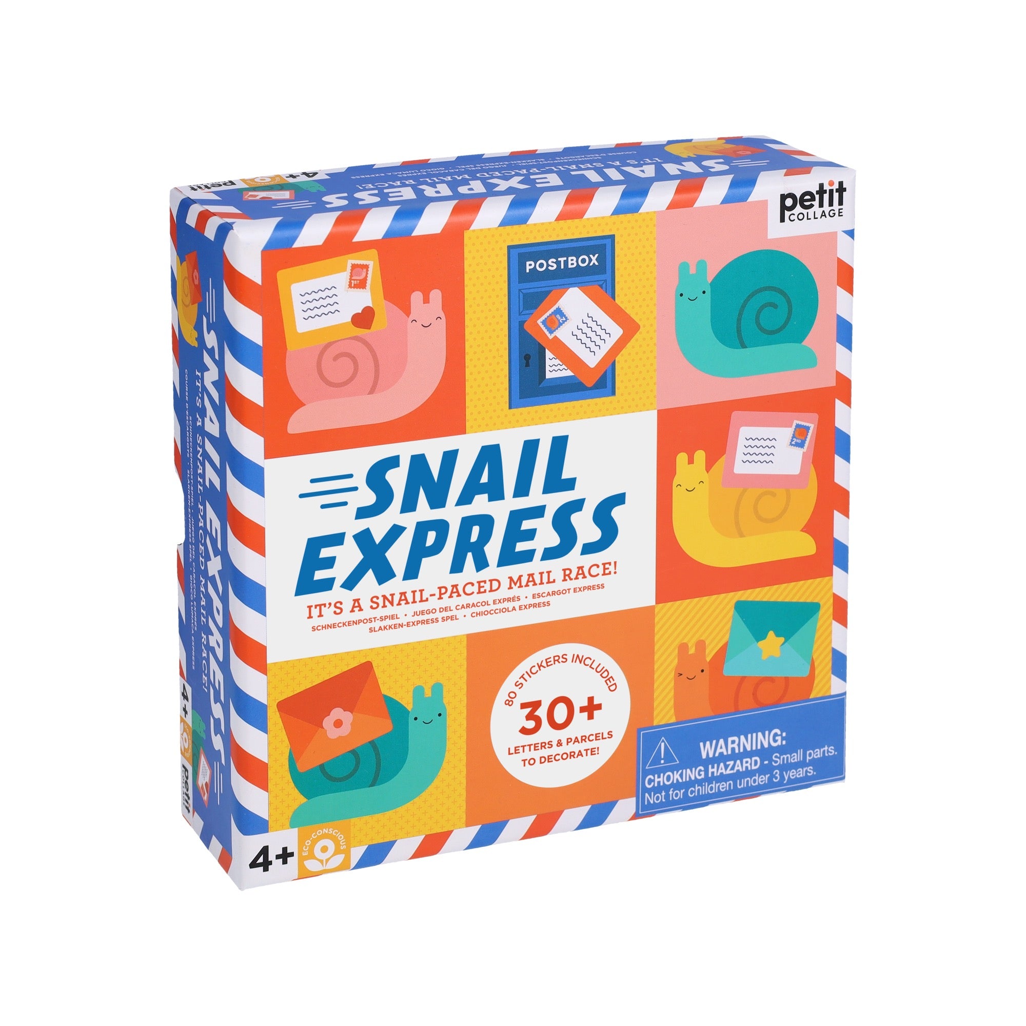 The colorful Petit Collage Snail Express box shows illustrated snails, letters, and a postbox. It’s a mail race game for ages 4+, includes 30+ stickers, and features a small parts warning on the packaging.