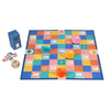 Snail Express by Petit Collage is a colorful board game featuring four snail-shaped pieces in pink, yellow, orange, and blue, a checkered path, wooden die, tokens, and a stack of cards.