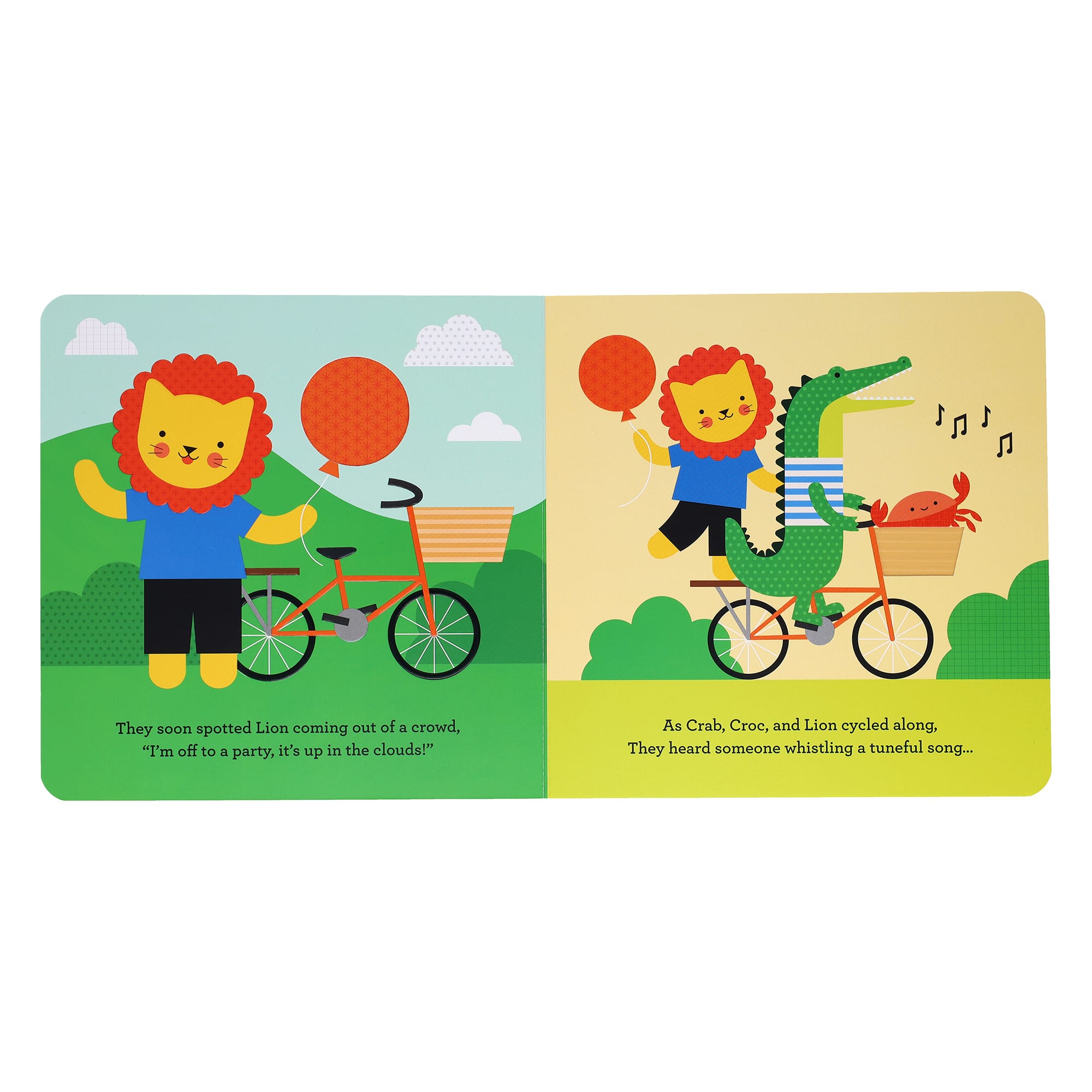 Discover Petit Collage’s A Find and Feel Story: High, High, Up in the Sky, featuring a lion with a balloon by a bicycle, then riding with a crocodile and whistling crab in the basket.