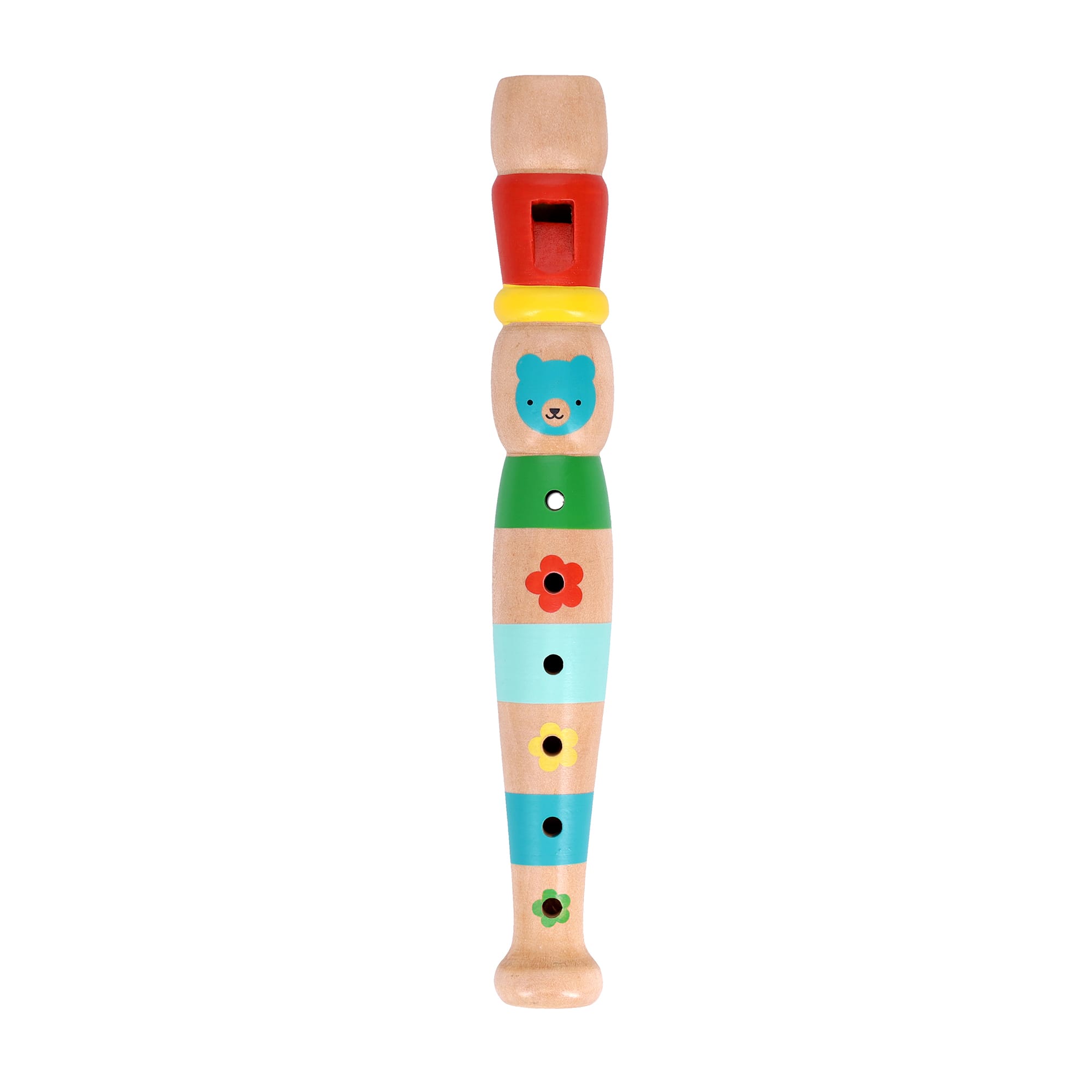 The Petit Collage Playful Tunes Wooden Recorder features painted stripes, flowers, a blue bear face near the top, and four finger holes.
