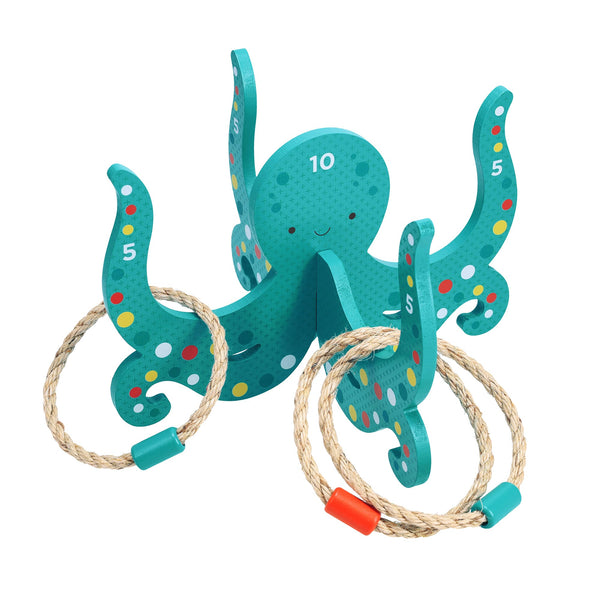 The Petit Collage Happy Octopus Wooden Hoopla is a ring toss game featuring numbered tentacles and rope rings with colorful beads.