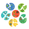 The Petit Collage Discovery Puzzle: Life Cycle includes six circular puzzles, each with four pieces that illustrate the growth or metamorphosis stages of various animals and a plant.