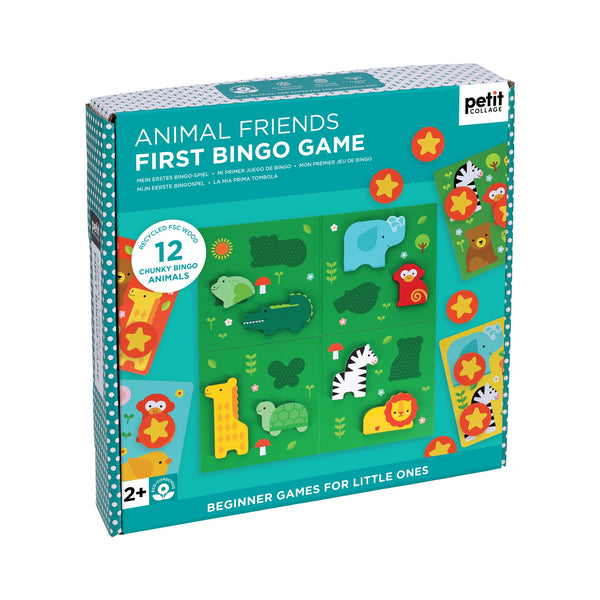 A box of First Bingo Game: Animal Friends by Petit Collage, featuring colorful animal illustrations on the front. Suitable for ages 2+, the game includes 12 chunky bingo animals.