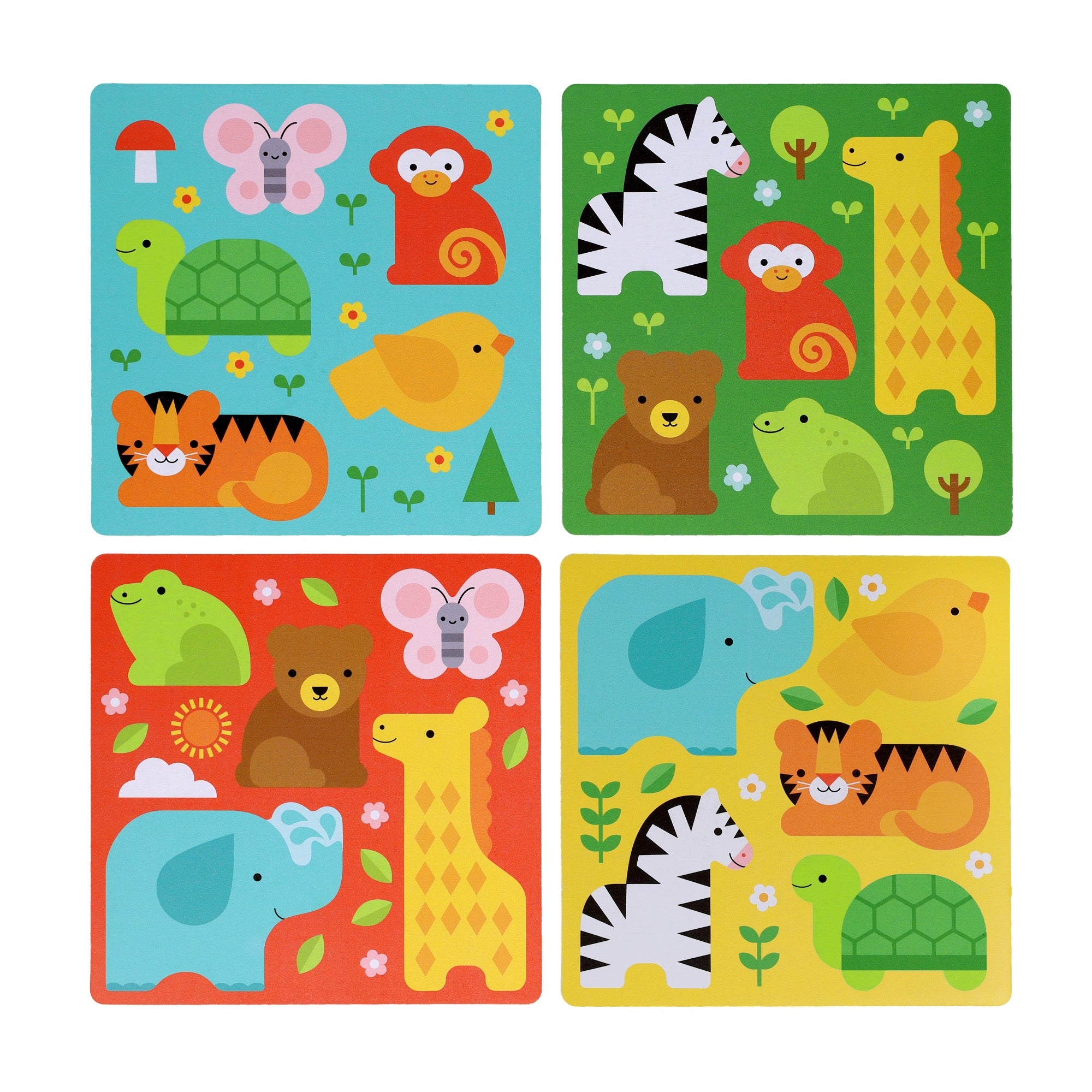 First Bingo Game: Animal Friends by Petit Collage includes four vibrant square boards with cartoon animals—zebra, giraffe, tiger, elephant, frog, bear, monkey, butterfly, turtle, and bird—on bright backgrounds with playful designs.