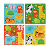 First Bingo Game: Animal Friends by Petit Collage includes four vibrant square boards with cartoon animals—zebra, giraffe, tiger, elephant, frog, bear, monkey, butterfly, turtle, and bird—on bright backgrounds with playful designs.