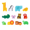 The First Bingo Game: Animal Friends by Petit Collage features colorful illustrations of twelve cartoon animals—including a giraffe, zebra, elephant, and more—arranged in rows on a white background.