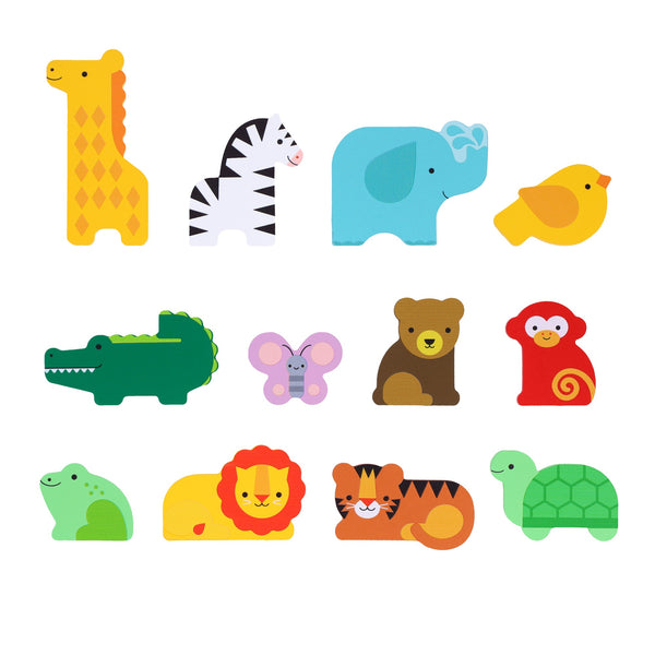 The First Bingo Game: Animal Friends by Petit Collage features colorful illustrations of twelve cartoon animals—including a giraffe, zebra, elephant, and more—arranged in rows on a white background.