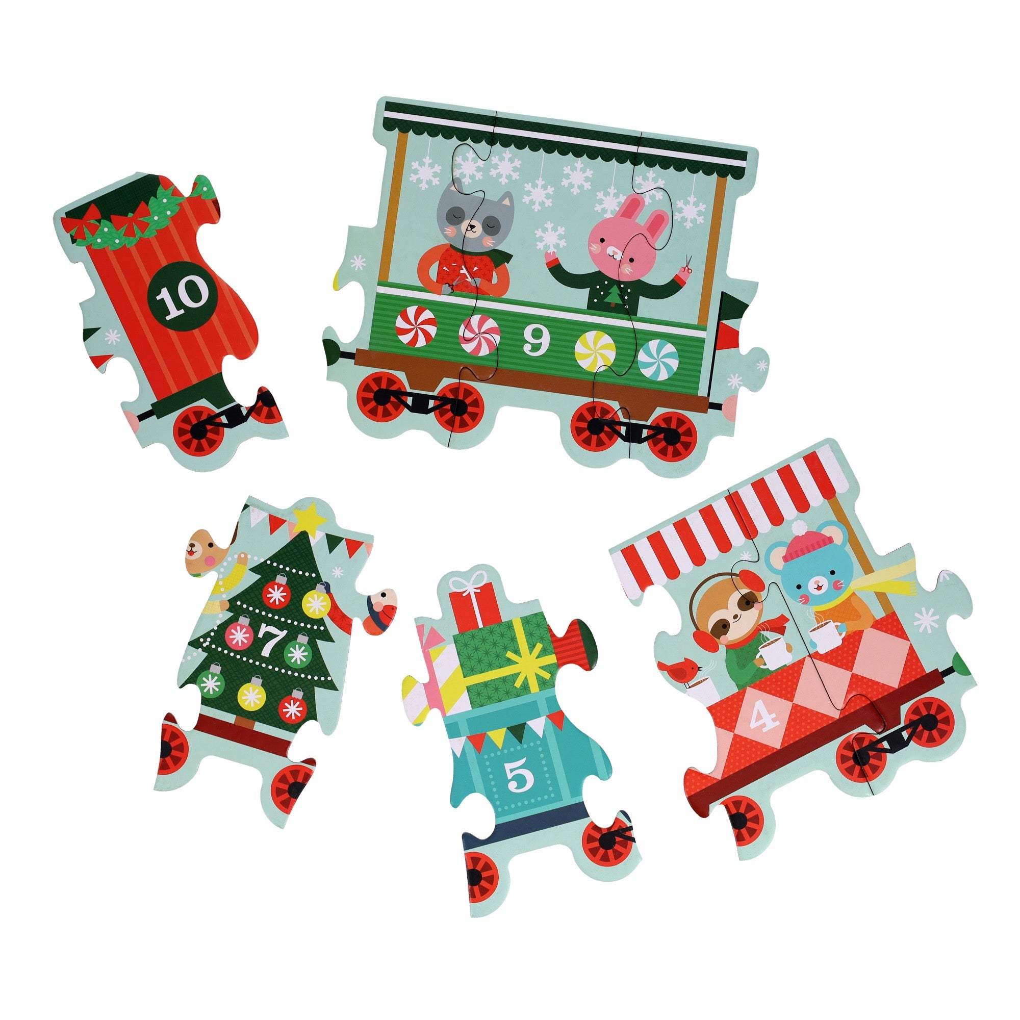 The Petit Collage Christmas Train Shaped Floor Puzzle features five vibrant pieces, each with cartoon animals, festive decorations, and the numbers 4, 5, 7, 9, and 10 forming a holiday train.