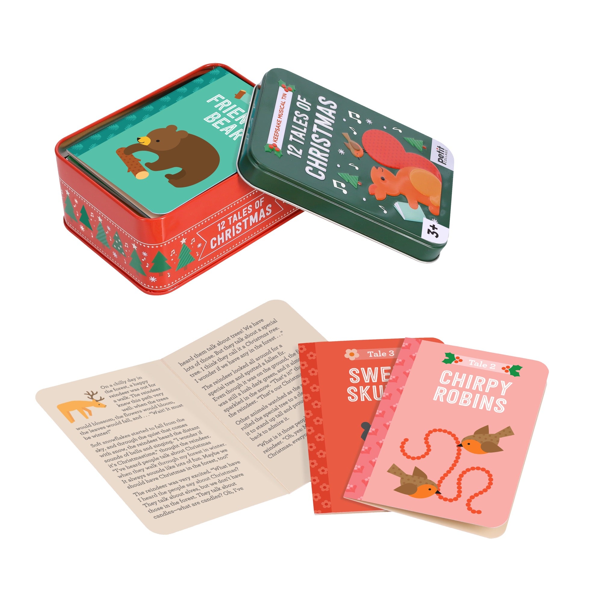 The 12 Tales of Christmas tin by Petit Collage features festive animal illustrations and holds story cards like “Chirpy Robins” and “Sweet Squirrel,” plus an illustrated booklet with a reindeer on the cover.