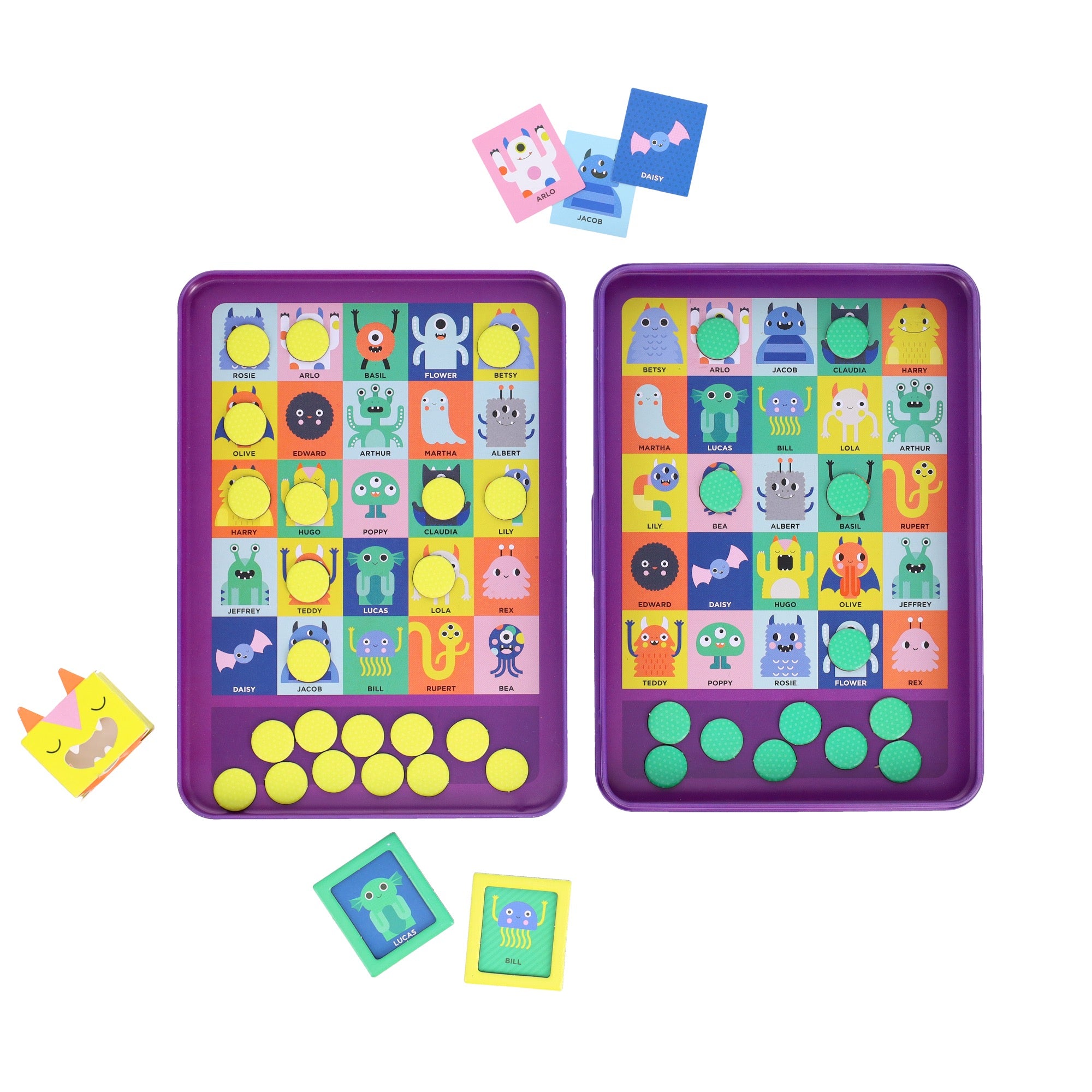 The Petit Collage Whos That Monster? Magnetic Travel Game features two purple boards with colorful cartoon monsters, yellow circular tokens, and monster-themed cards arranged around the boards.