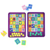 The Petit Collage Whos That Monster? Magnetic Travel Game features two purple boards with colorful cartoon monsters, yellow circular tokens, and monster-themed cards arranged around the boards.