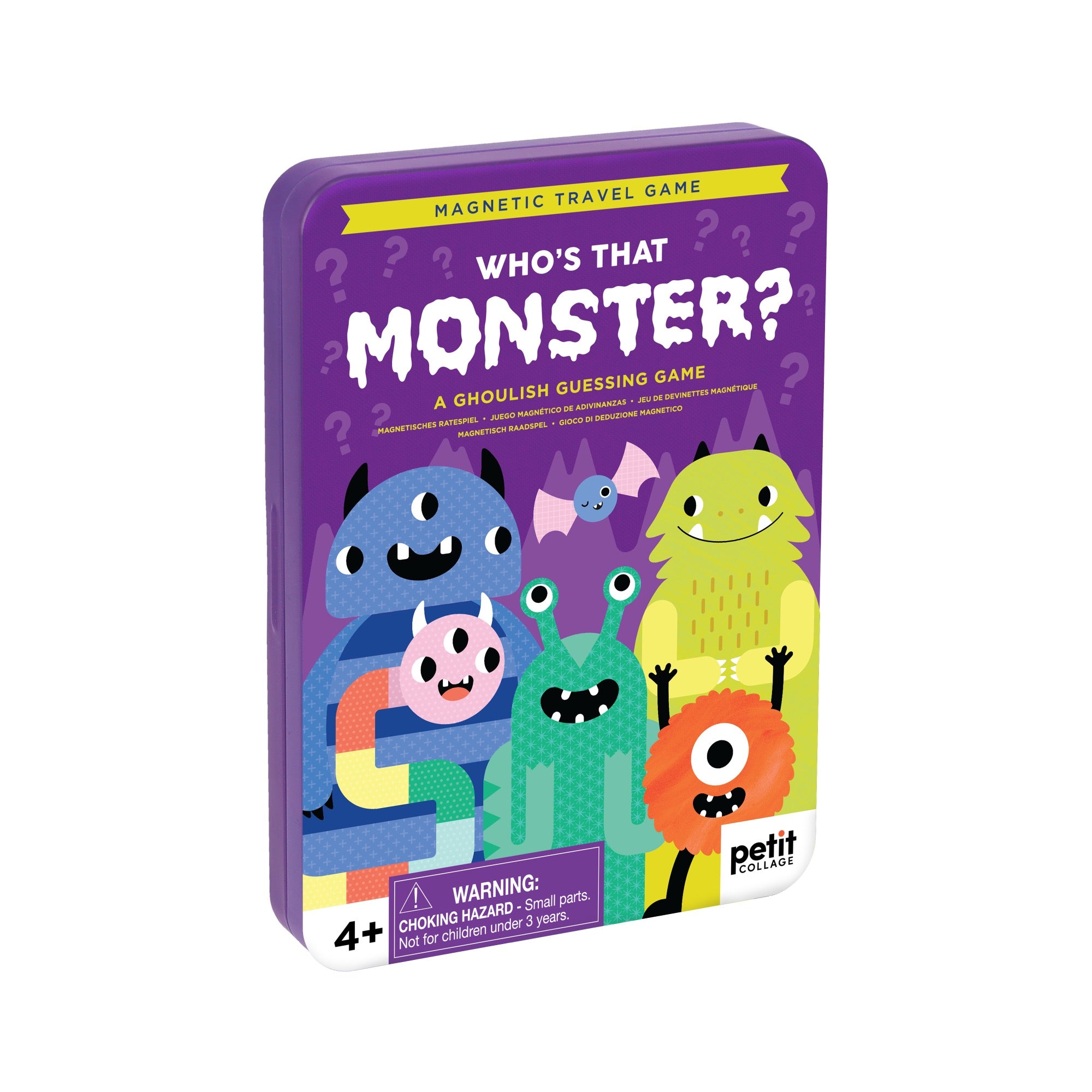 A purple tin box by Petit Collage, featuring cartoon monsters and the title Whos That Monster? Magnetic Travel Game. Includes a small parts warning.