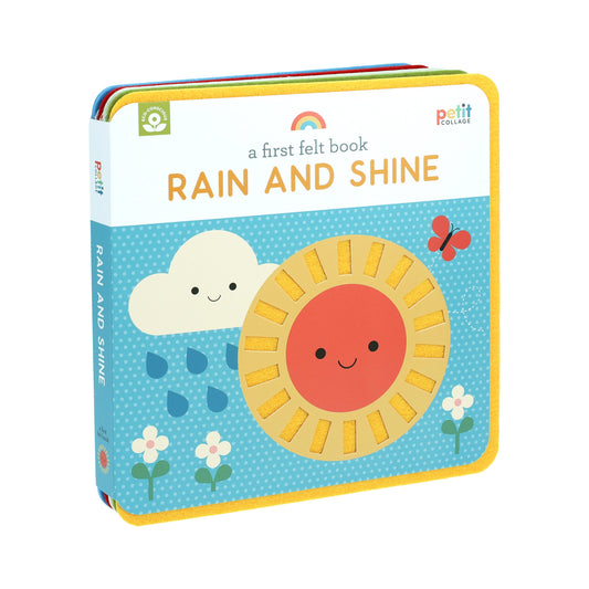 A First Felt Book: Rain and Shine by Petit Collage is a children’s board book with cheerful sun, cloud, flowers, and a butterfly depicted on the cover.