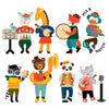 The Petit Collage Animal Band On-The-Go Magnetic Play Set features eight animals in vibrant outfits, each playing a different musical instrument such as guitar, tuba, tambourine, drum, violin, and banjo.