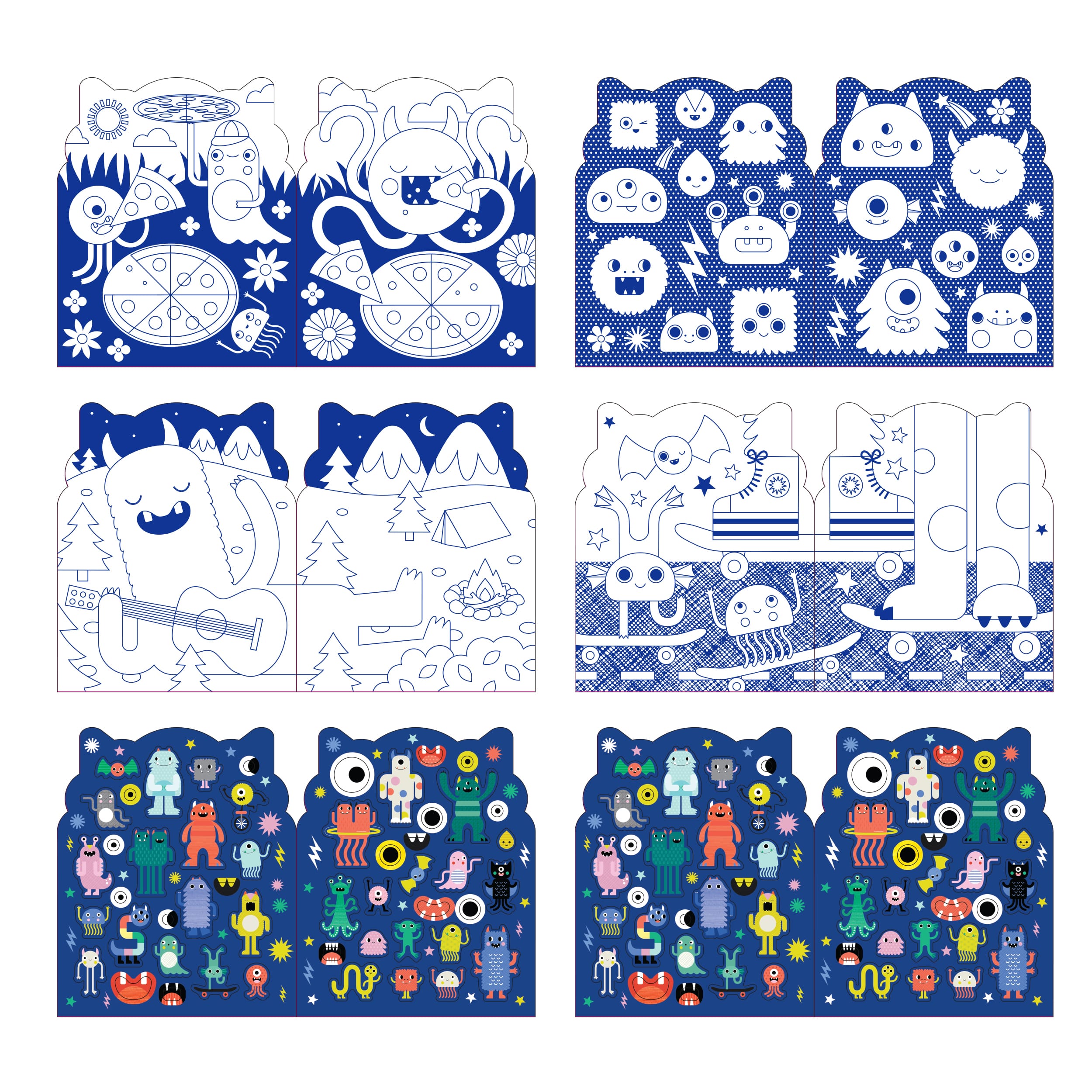 A grid of eight illustrated panels from Petit Collages Coloring Book with Stickers: Monsters, featuring cartoon monsters and whimsical scenes in color and black-and-white on a blue background.