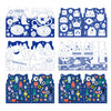 A grid of eight illustrated panels from Petit Collages Coloring Book with Stickers: Monsters, featuring cartoon monsters and whimsical scenes in color and black-and-white on a blue background.