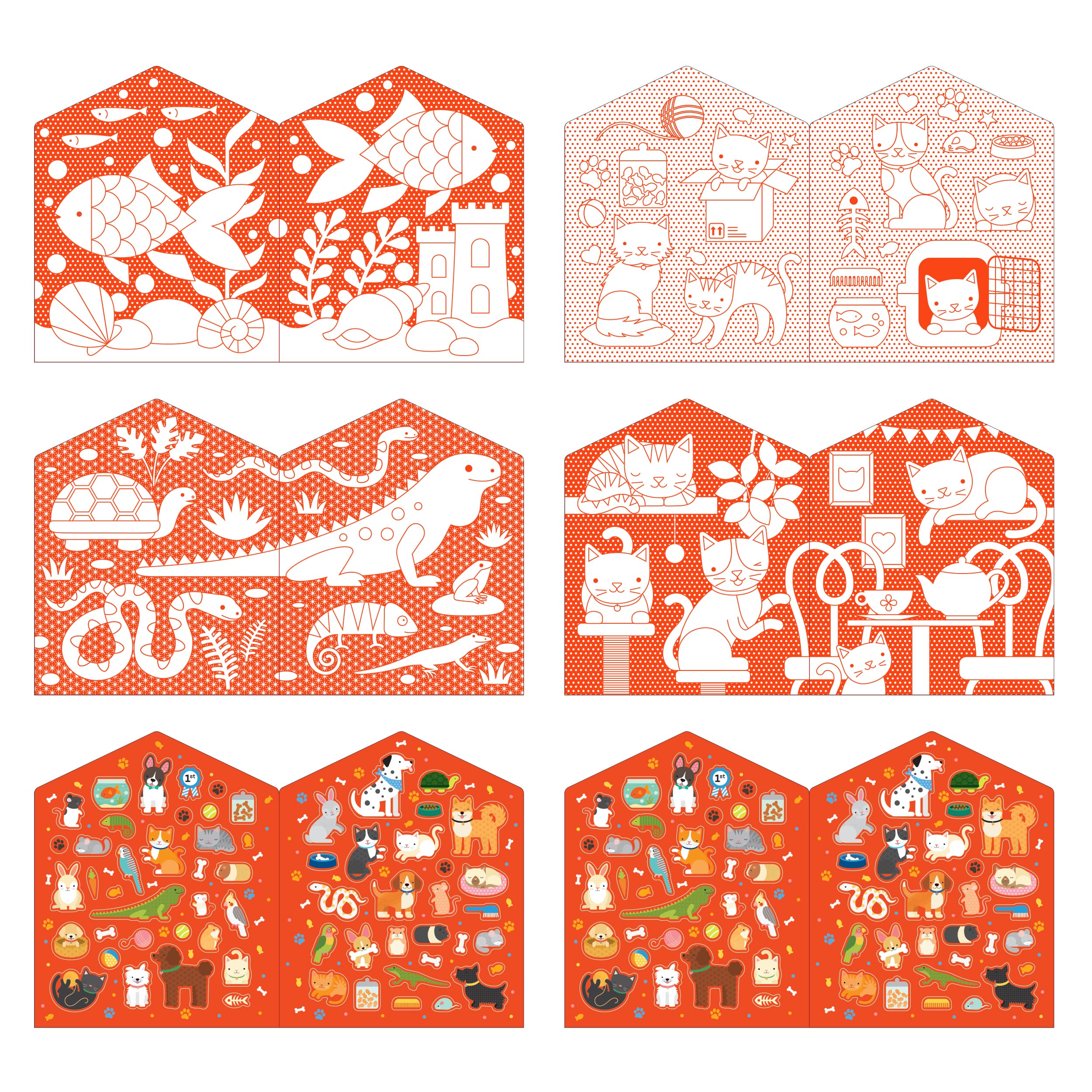 Eight panels from the Petit Collage Coloring Book with Stickers: Pets feature white and orange pet line drawings on top and two colorful, detailed illustrations of pets and items on the bottom.